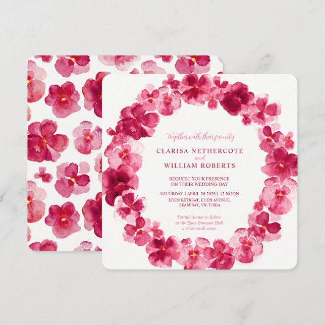 Red pansy watercolor flower wreath wedding invitation (Front/Back)