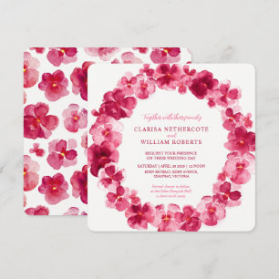 Red pansy watercolor flower wreath wedding invitation