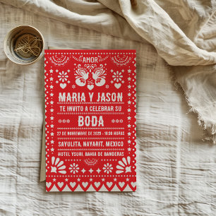 Red Papel Picado Fiesta Folk Art Spanish Wedding Invitation