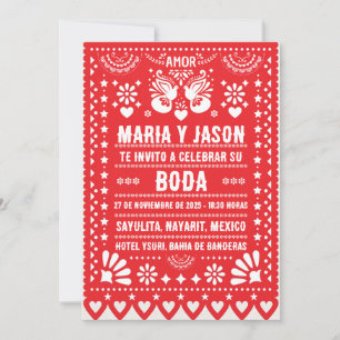 Red Papel Picado Fiesta Folk Art Spanish Wedding Invitation