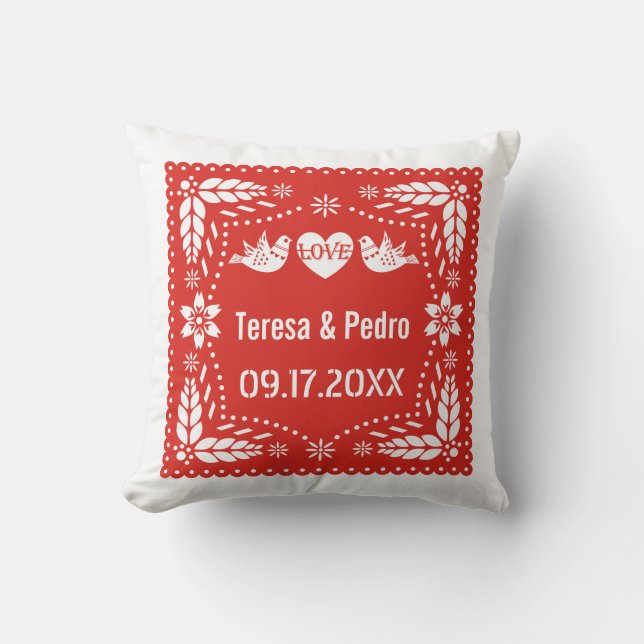 Red papel picado love birds wedding fiesta  cushion (Front)