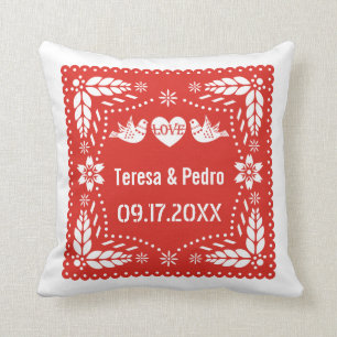 Red papel picado love birds wedding fiesta cushion