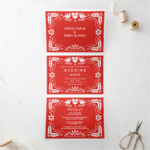 Red papel picado love birds wedding Tri-Fold invitation