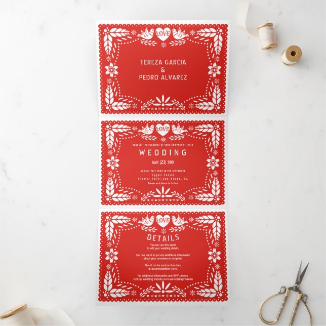 Red papel picado love birds wedding Tri-Fold invitation (Inside)