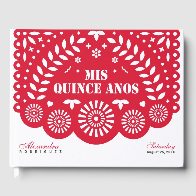 Red Papel Picado Mis Quince Años Guest Book (Front)