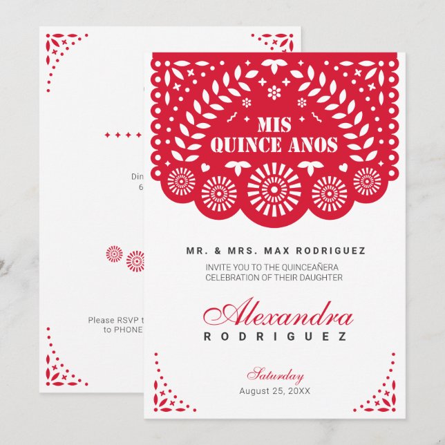 Red Papel Picado Mis Quince Años Invitation (Front/Back)