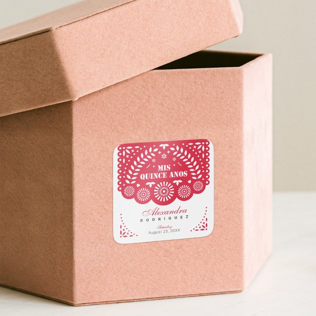 Red Papel Picado Mis Quince Años Square Sticker (Creator Uploaded)