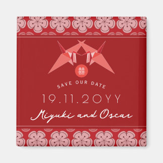 Red Paper Crane Sakura Asian Wedding Save The Date Magnet