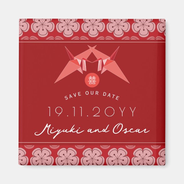 Red Paper Crane Sakura Asian Wedding Save The Date Magnet (Front)