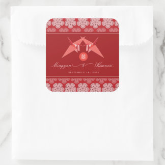 Red Paper Cranes & Cherry Blossoms Asian Wedding Square Sticker