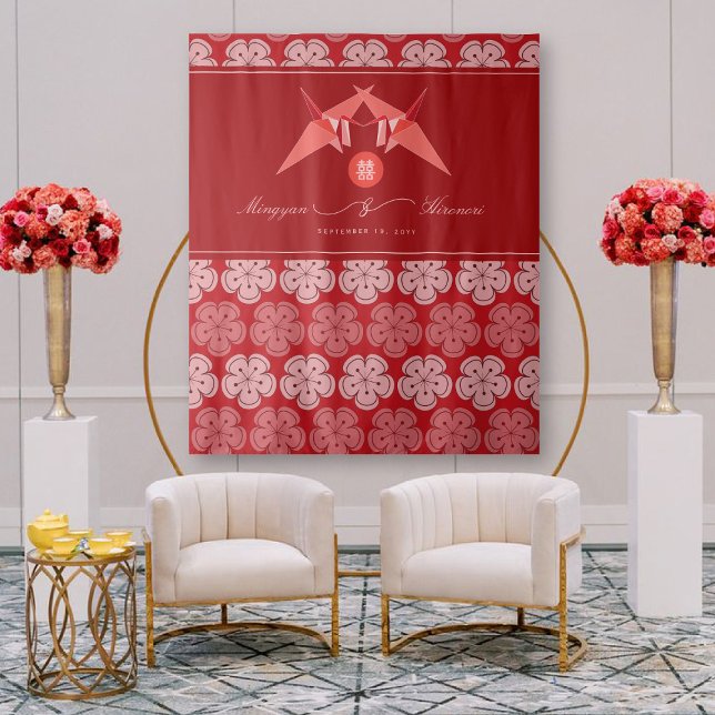 Red Paper Cranes Double Happiness Wedding Backdrop Tapestry (Red Origami Paper Cranes Cherry Blossoms, Double Happiness Wedding Backdrop @ fatfatin_red_knot)