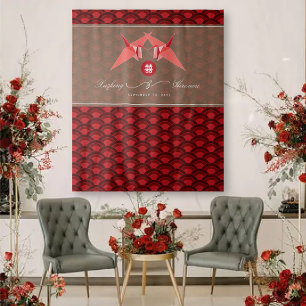 Red Paper Cranes Double Happiness Wedding Backdrop Tapestry
