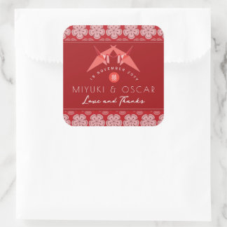 Red Paper Cranes Sakura Double Happiness Wedding Square Sticker