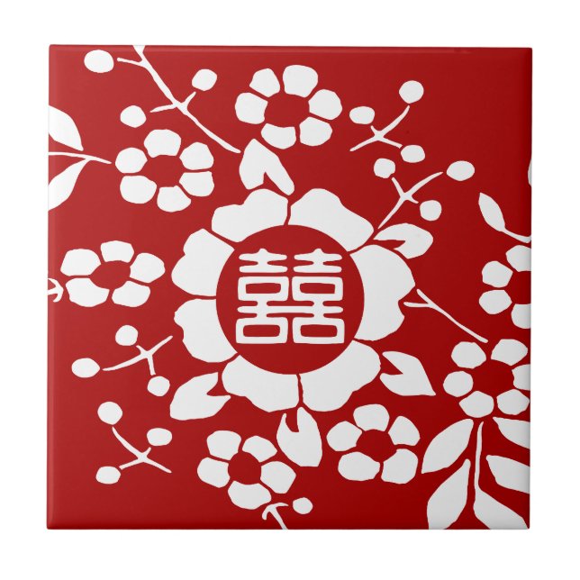 Red • Paper Cut Flowers • Double Happiness Tile (Front)