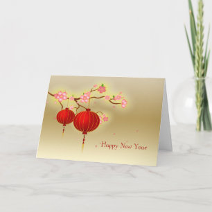 Red Paper Lanterns, Pink Blossom, Chinese New Year Holiday Card