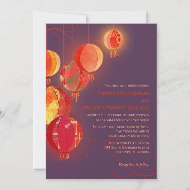 Red Paper Lanterns Purple Wedding Invitation (Front)