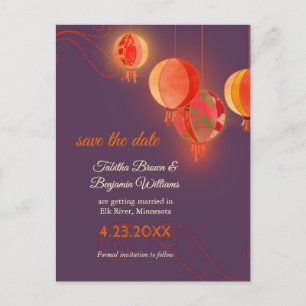Red Paper Lanterns Purple Wedding Save the Date Announcement Postcard
