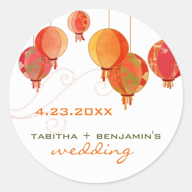 Red Paper Lanterns Wedding Save the Date Classic Round Sticker (Front)