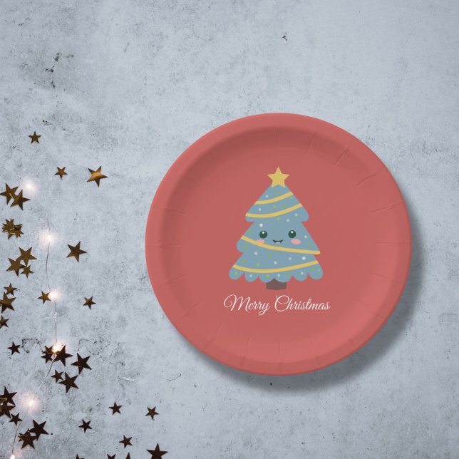 Red Paper Plate with Kawaii Christmas Tree (Red Paper Plate with Kawaii Christmas Tree)