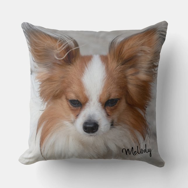 Red Papillon Dog Pet Photo Personalised Pet Name Cushion (Front)