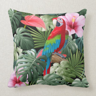 Red parrot in the jungle cushion