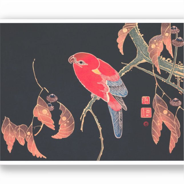 Red Parrot Vintage Bird Japanese Woodblock Print (Front)