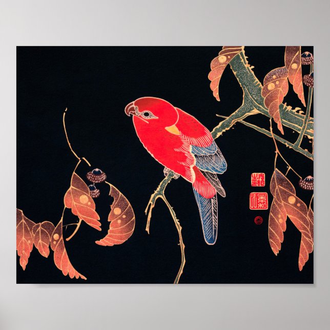 Red Parrot Vintage Bird Japanese Woodblock Print (Front)