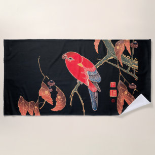 Red Parrot Vintage Bird Japanese Woodblock Print Beach Towel