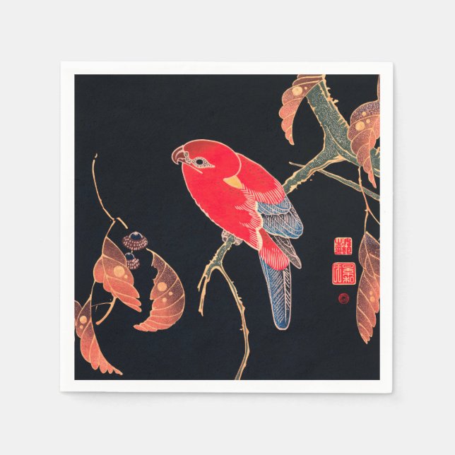 Red Parrot Vintage Bird Japanese Woodblock Print Napkin (Front)