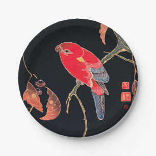 Red Parrot Vintage Bird Japanese Woodblock Print Paper Plate