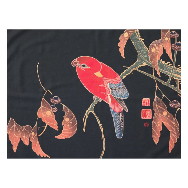 Red Parrot Vintage Bird Japanese Woodblock Print Tablecloth (Front (Horizontal))