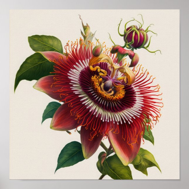 Red Passion Flower Art Print Poster (Front)