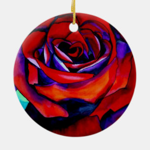 Red passion rose original watercolor art ceramic tree decoration