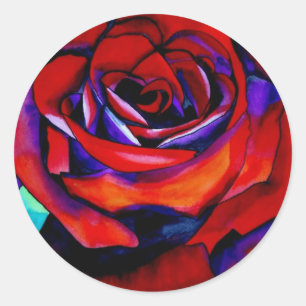Red passion rose original watercolor art classic round sticker