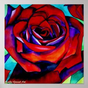 Red passion rose original watercolor art poster