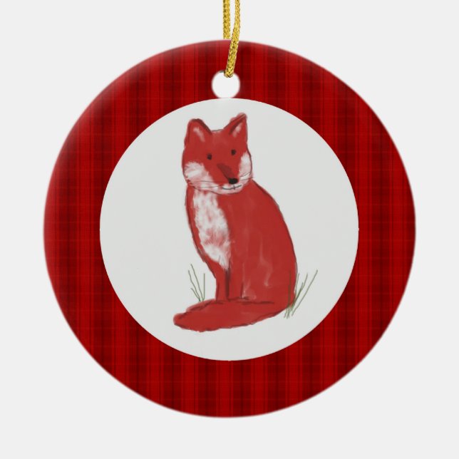 Red Pastel Fox Illustration and Plaid Ornament (Front)