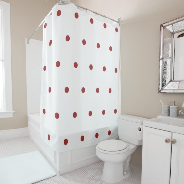 Red Pastel Polka Dots Pattern Whimsical Shower Curtain (In Situ)
