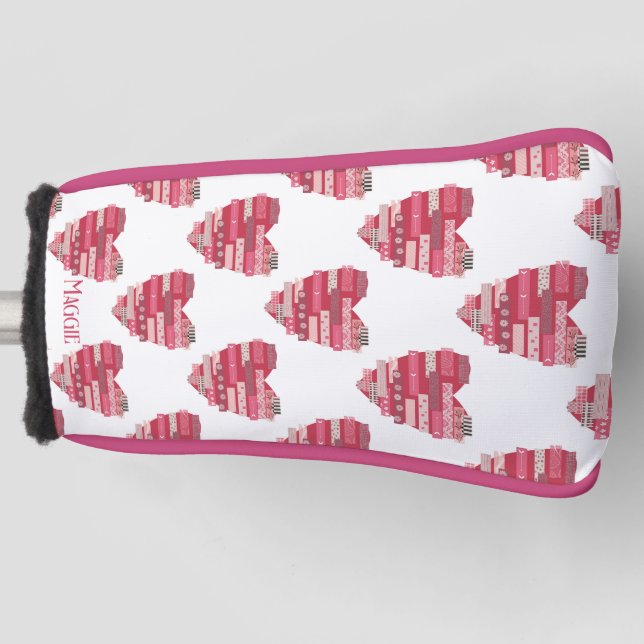 Red Patchwork Hearts Golf Head Cover (Front)