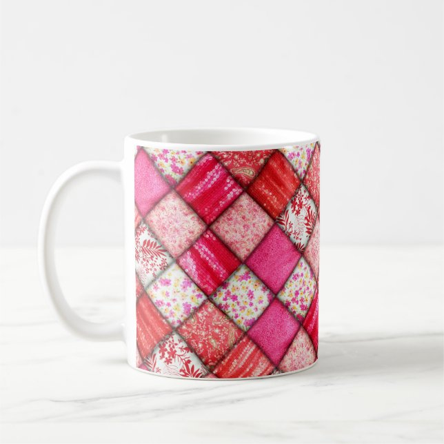 Red Patchwork Look Quilt Pattern Coffee Mug (Left)