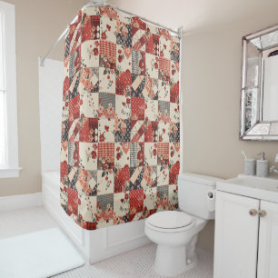 Red Patchwork Quilt Rustic Floral Retro  Shower Curtain