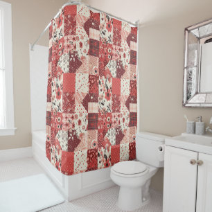 Red Patchwork Quilt Rustic Floral Retro  Shower Curtain