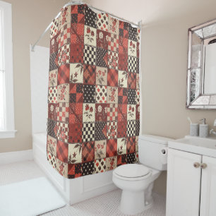 Red Patchwork Quilt Rustic Floral Retro  Shower Curtain
