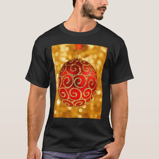 Red Patterned Christmas Bauble on Bokeh Background T-Shirt (Front)