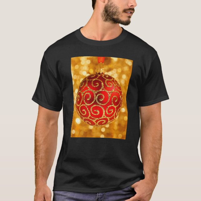Red Patterned Christmas Bauble on Bokeh Background T-Shirt (Front)