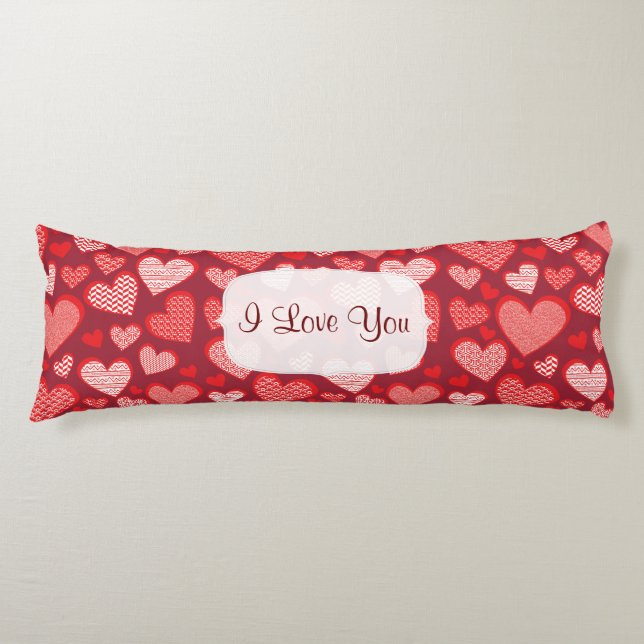 Red Patterned I love you Hearts Body Cushion (Front)