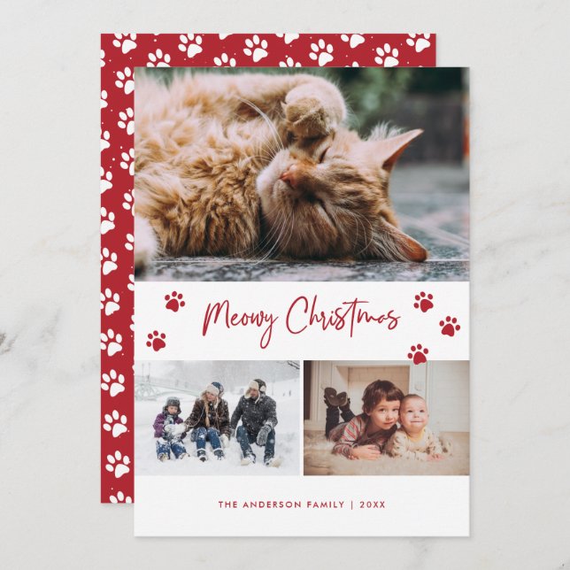 Red Paw Print 3 Photo Collage Meowy Christmas Pet Holiday Card (Front/Back)