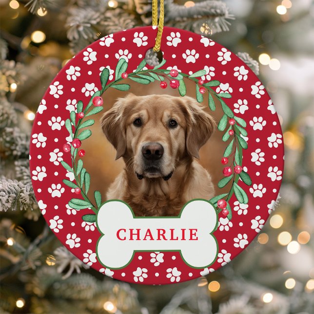 Red Paw Print Dog Photo Christmas Wreath Ceramic Tree Decoration (Creator Uploaded)
