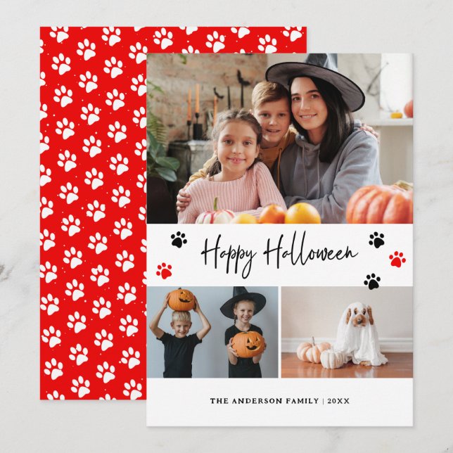 Red Paw Print Pet Photo Happy Halloween Card (Front/Back)