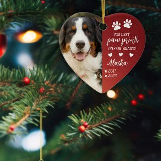 Red Paw Prints On Our Hearts Pet Photo Ceramic Tree Decoration