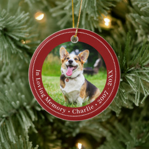 Red Pawprints On Heart In Loving Memory Pet Photo Ceramic Tree Decoration